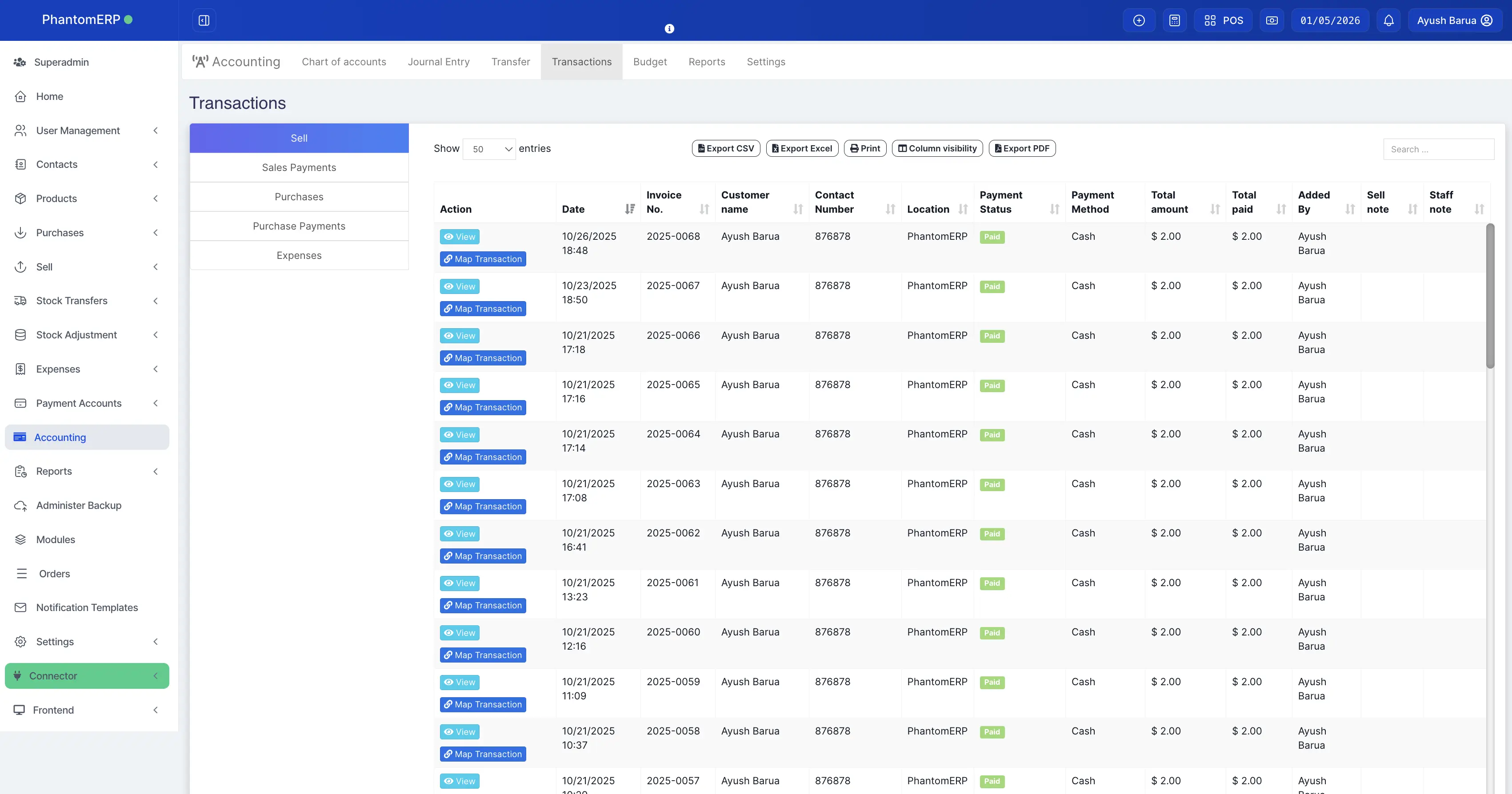 Accounting screen: journals, AR/AP, statements, and reconciliation